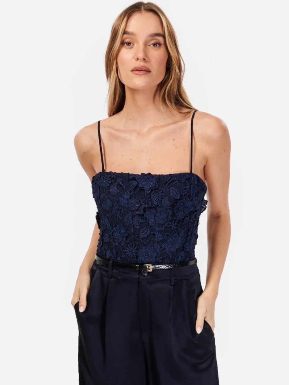 CAMI NYC Beleza Navy Lace Tank Top